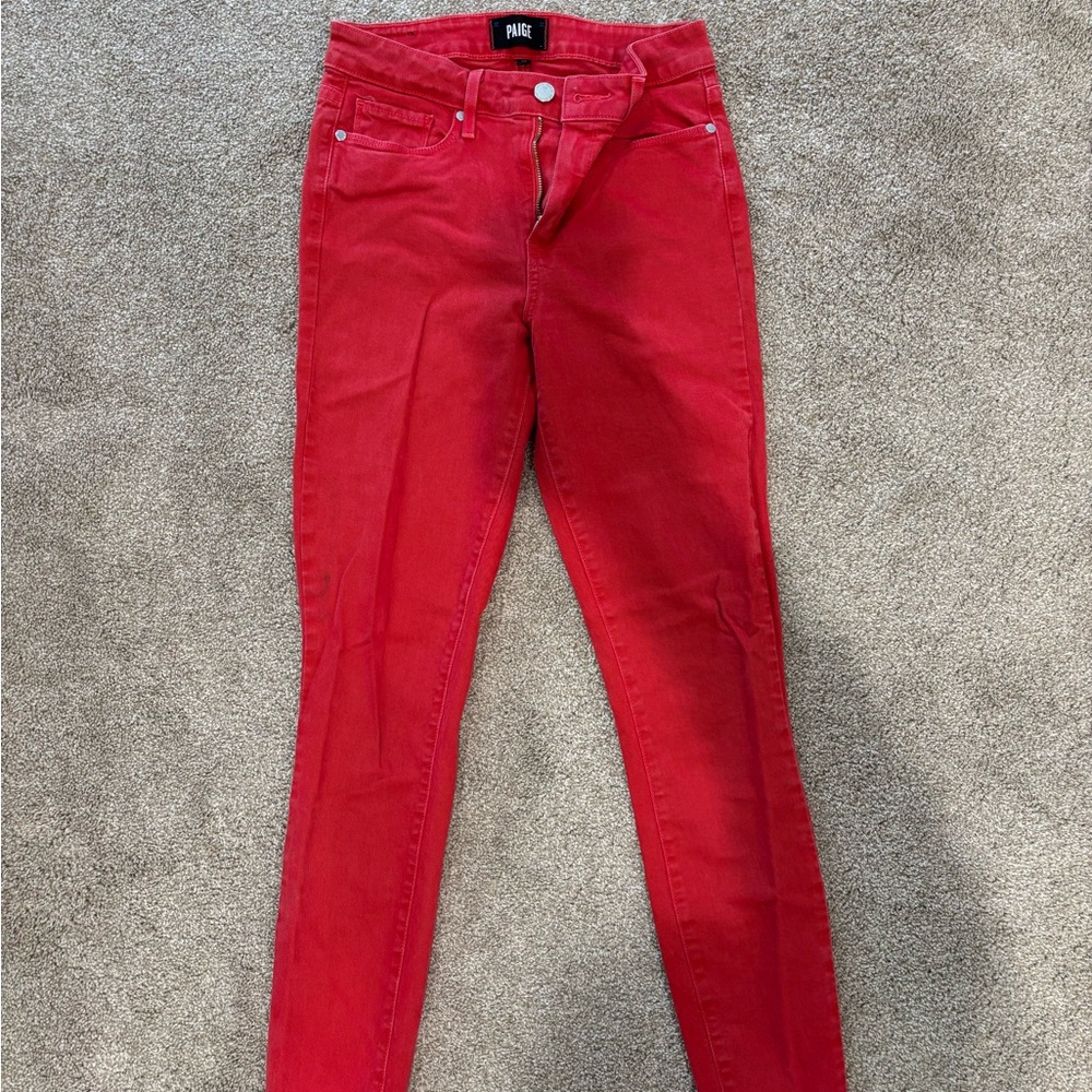 Paige denim. Red color with raw hem. Size 25.